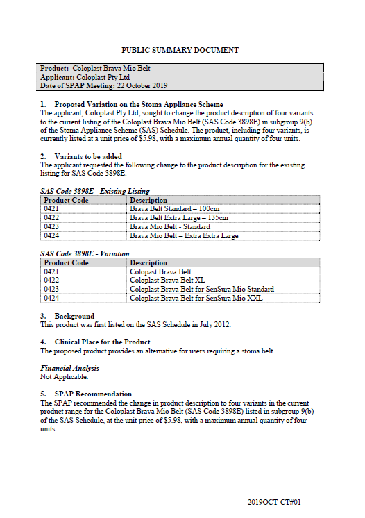 Cover image for SPAP public summary documents – October 2019 – Coloplast Brava Mio Belt