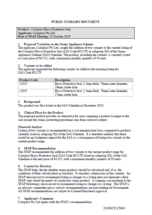 Cover image for SPAP public summary documents – October 2019 – Coloplast Brava Protective Seal 