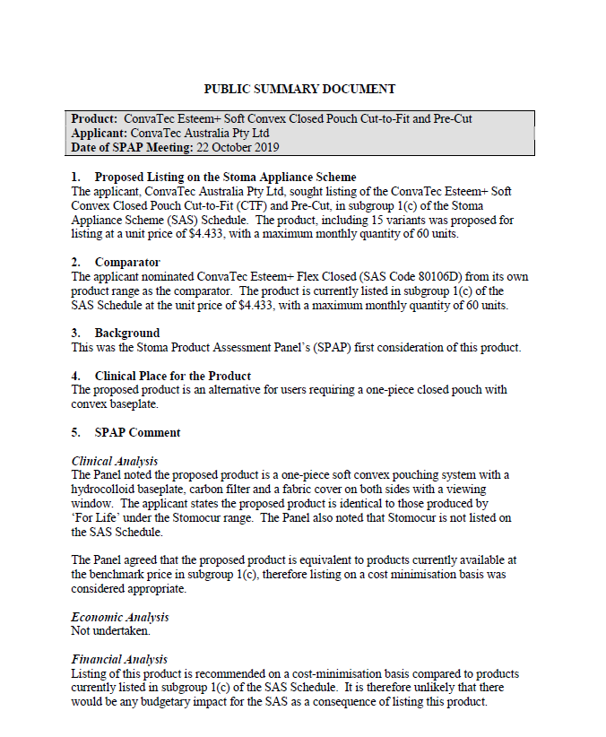 Cover image for SPAP public summary documents – October 2019 – ConvaTec Esteem+ Soft Convex Closed Pouch Cut-to-Fit and Pre-Cut