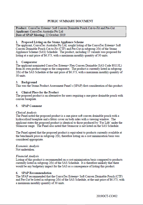 Cover image for SPAP public summary documents – October 2019 – ConvaTec Esteem+ Soft Convex Drainable Pouch Cut-to-Fit and Pre-Cut