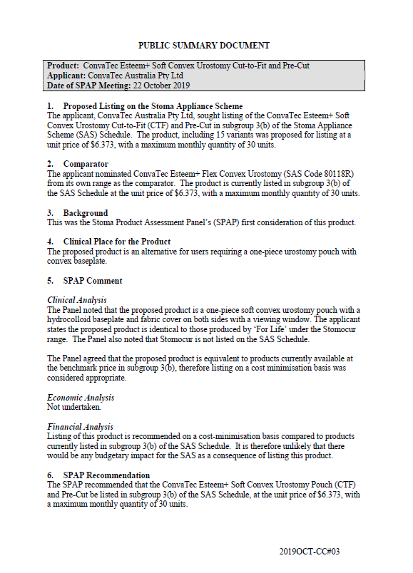 Cover image for SPAP public summary documents – October 2019 – ConvaTec Esteem+ Soft Convex Urostomy Cut-to-Fit and Pre-Cut