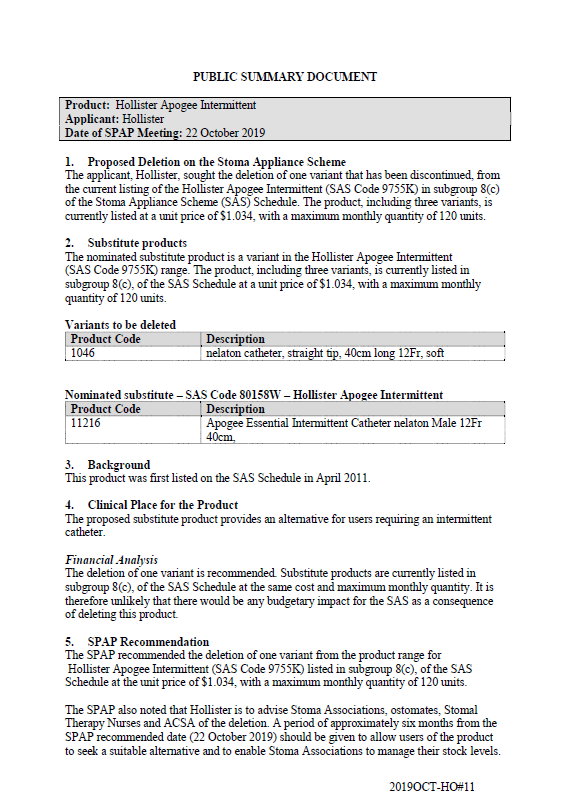 Cover image for SPAP public summary documents – October 2019 – Hollister Apogee Intermittent Catheter