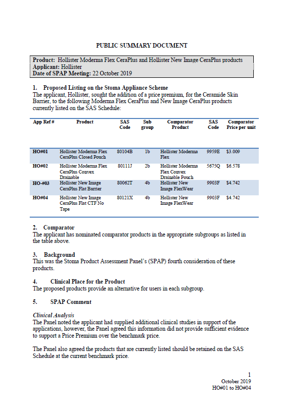 Cover image for SPAP public summary documents – October 2019 – Hollister Moderma Flex CeraPlus and Hollister New Image CeraPlus products