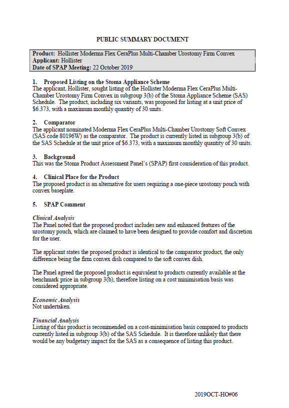 Cover image for SPAP public summary documents – October 2019 – Hollister Moderma Flex CeraPlus Multi-Chamber Urostomy Firm Convex