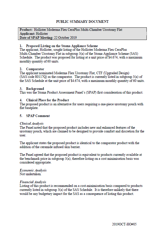 Cover image for SPAP public summary documents – October 2019 – Hollister Moderma Flex CeraPlus Multi-Chamber Urostomy Flat