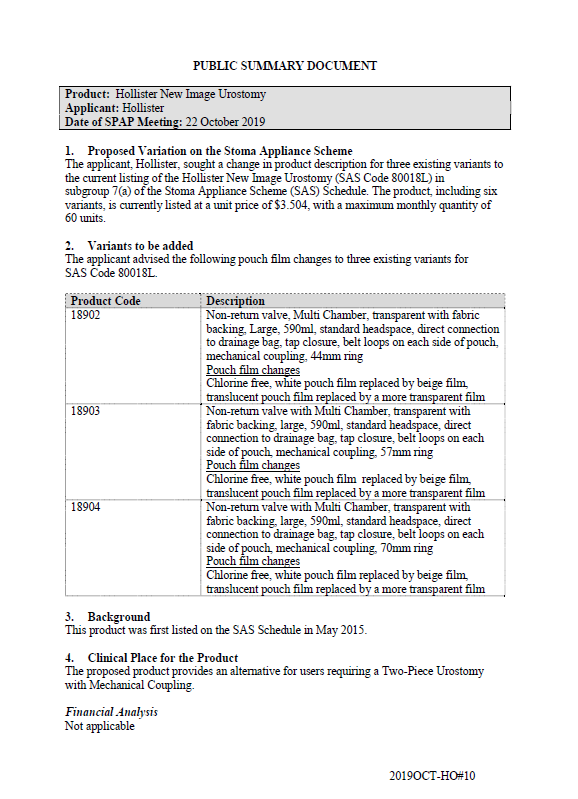 Cover image for SPAP public summary documents – October 2019 – Hollister New Image Urostomy