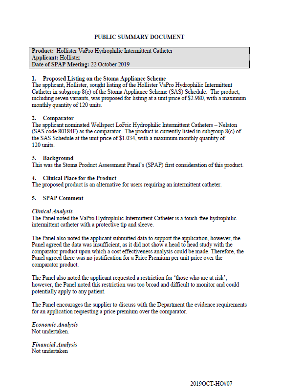 Cover image for SPAP public summary documents – October 2019 – Hollister VaPro Hydrophilic Intermittent Catheter
