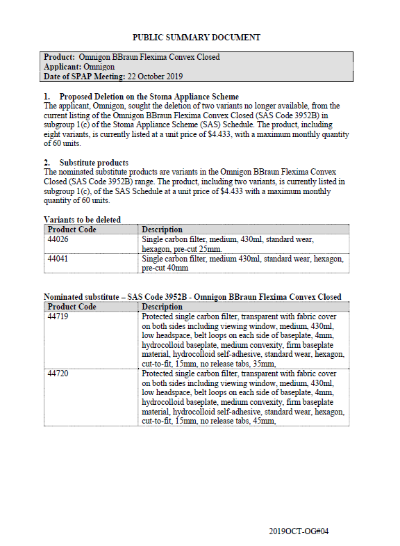 Cover image for SPAP public summary documents – October 2019 – Omnigon BBraun Flexima Convex Closed