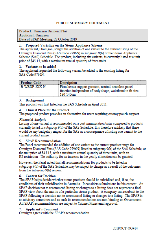Cover image for SPAP public summary documents – October 2019 – Omnigon Diamond Plus