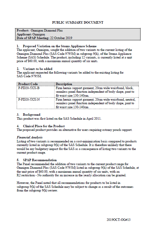 Cover image for SPAP public summary documents – October 2019 – Omnigon Diamond Plus