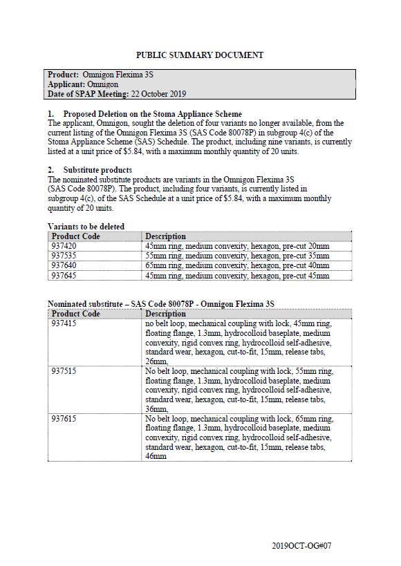 Cover image SPAP public summary documents – October 2019 – Omnigon Flexima 3S