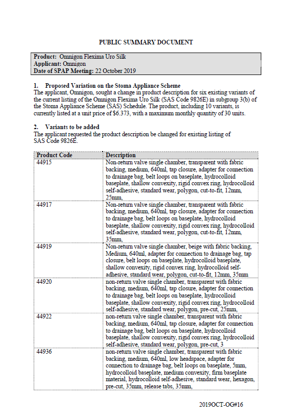 Cover image for SPAP public summary documents – October 2019 – Omnigon Flexima Uro Silk one-piece 