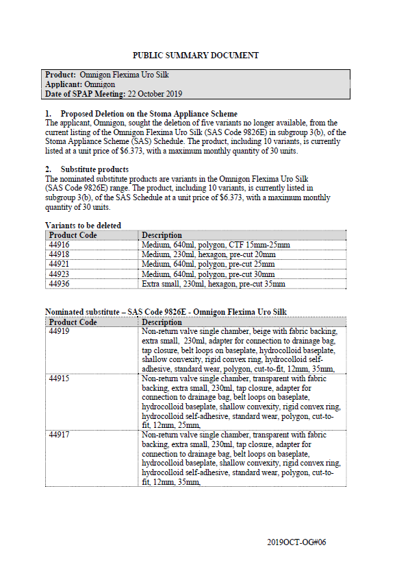 Cover image for SPAP public summary documents – October 2019 – Omnigon Flexima Uro Silk