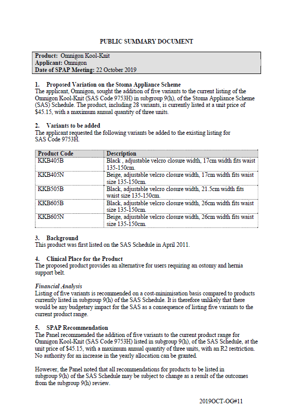 Cover image for Title SPAP public summary documents – October 2019 – Omnigon Kool Knit