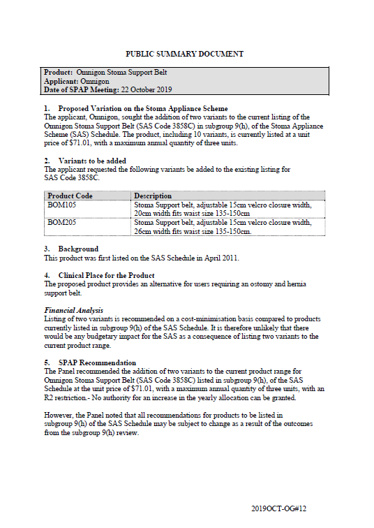 Cover image for SPAP public summary documents – October 2019 – Omnigon Stoma Support Belt