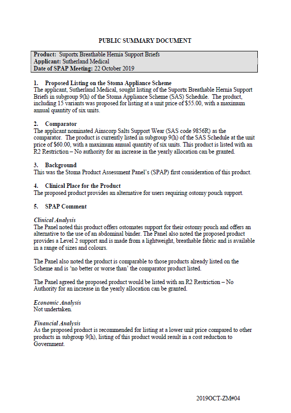 Cover image for SPAP public summary documents – October 2019 – Sutherland Medical Suportx Breathable Hernia Support Briefs