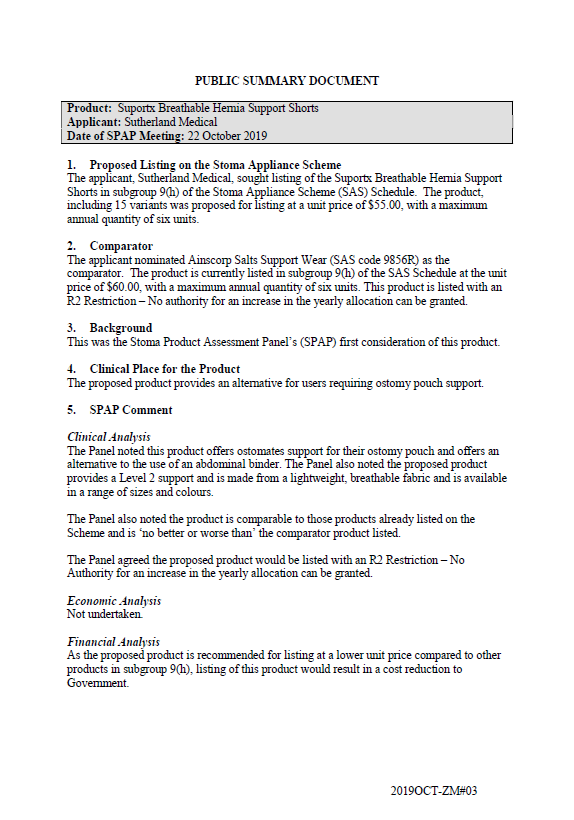 Cover image for SPAP public summary documents – October 2019 – Sutherland Medical Suportx Breathable Hernia Support Shorts