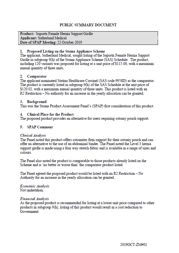 Cover image for SPAP public summary documents – October 2019 – Sutherland Medical Suportx Female Hernia Support Girdle