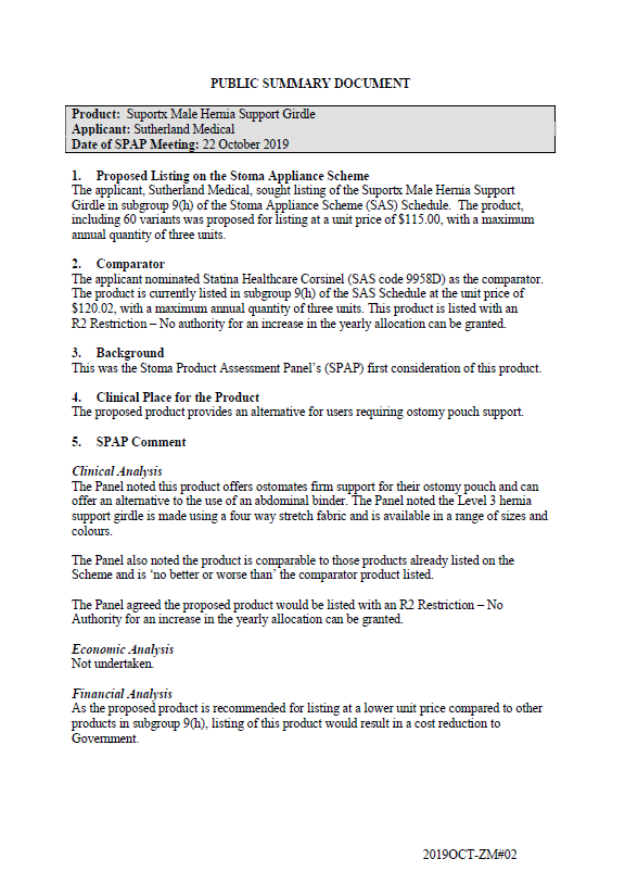 Cover image for SPAP public summary documents – October 2019 – Sutherland Medical Suportx Male Hernia Support Girdle