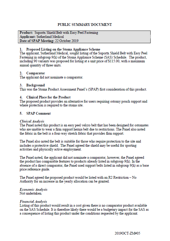 Cover image for SPAP public summary documents – October 2019 – Sutherland Medical Suportx Shield Belt with Easy Peel Fastening