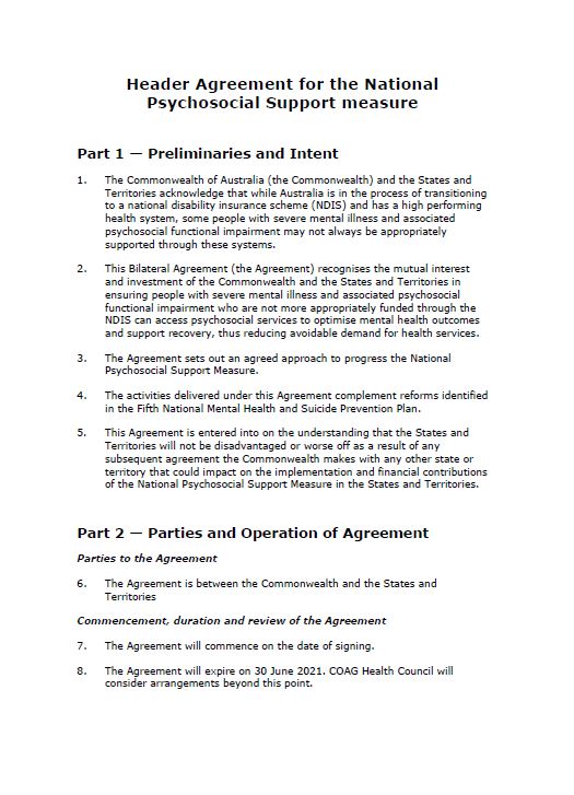 Cover image for Header agreement for the National Psychosocial Support Measure