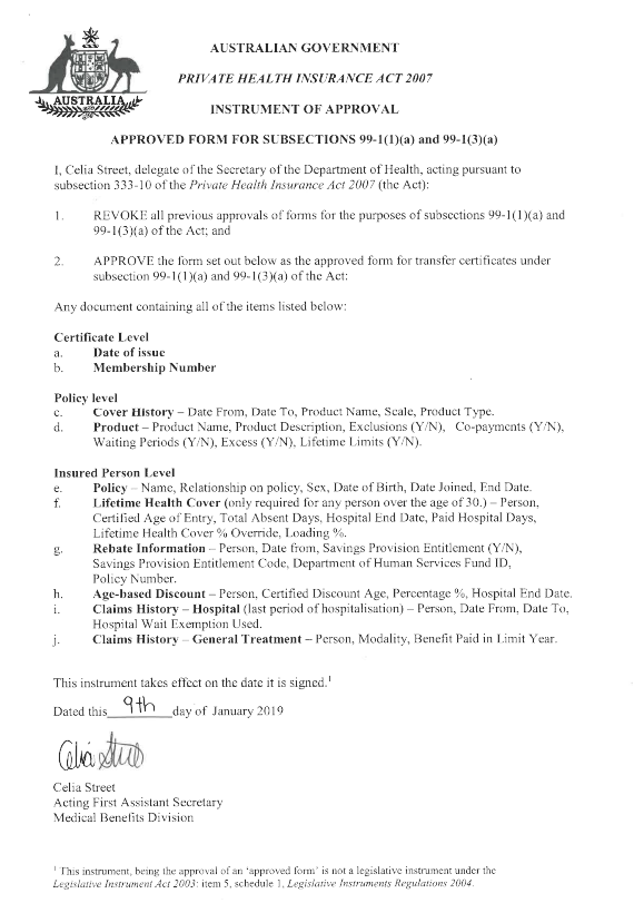 PHI 03/19 attachment – Instrument of approval for the new approved form for transfer certificate