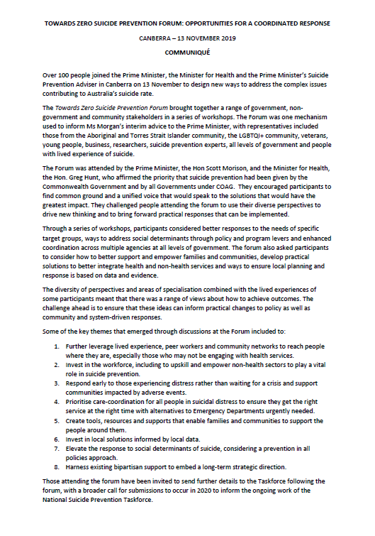 Cover image for Prime Minister's National Suicide Prevention Adviser – Towards Zero Suicide Prevention Forum communique
