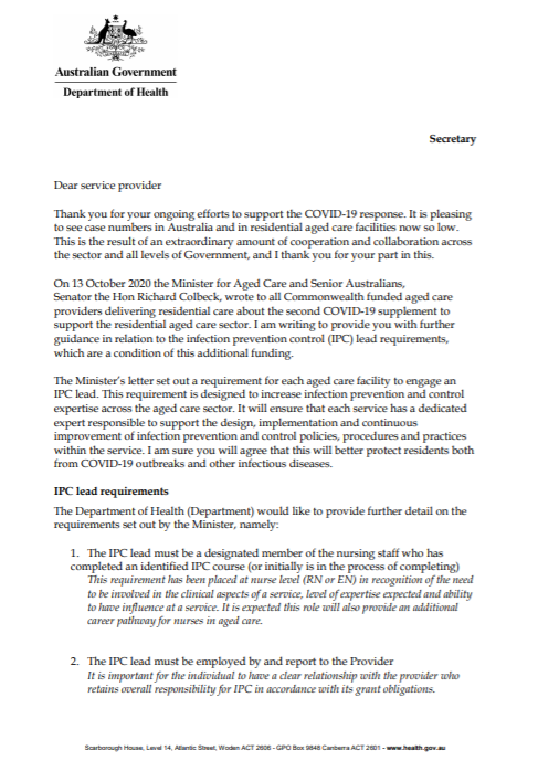 Cover image for Secretary letter to NATSIFAC providers about infection prevention and control leads