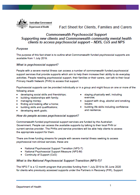 Cover image for Supporting new clients and Commonwealth community mental health clients to access psychosocial support – NDIS, CoS and NPS