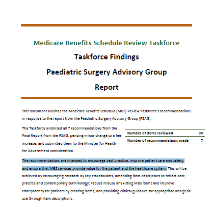 Cover image for the Taskforce findings - paediatric surgery advisory group report