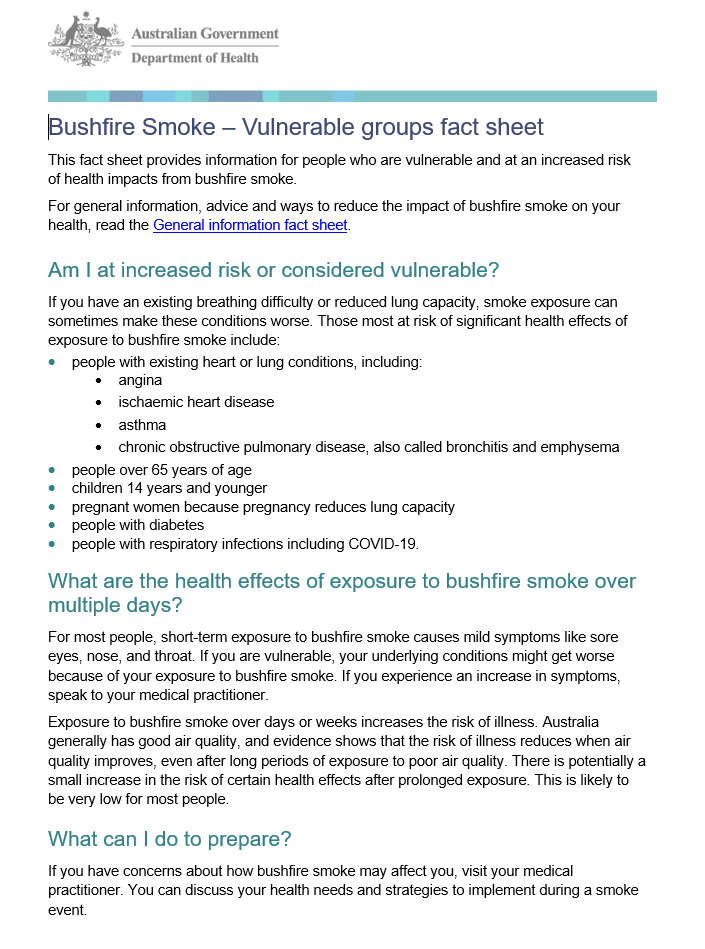 Cover of Bushfire Fact sheet for Vulnerable groups 2020