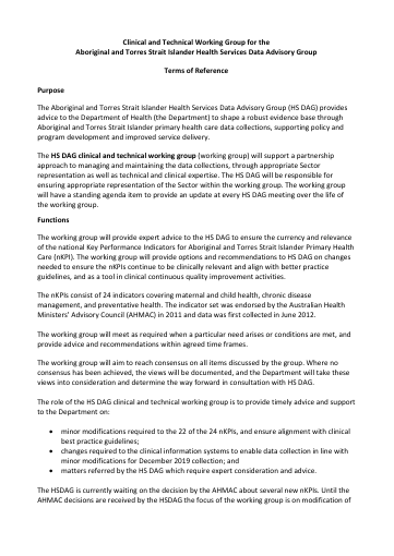 Cover of the HS DAG Clinical and Technical Working Group's Terms of Reference
