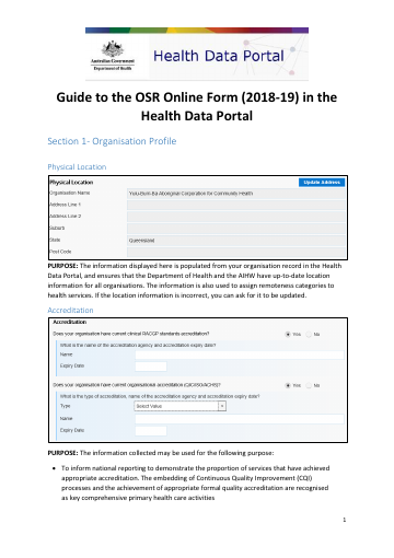 Cover of the Guide to the OSR Online Form (2018-19) in the Health Data Portal 