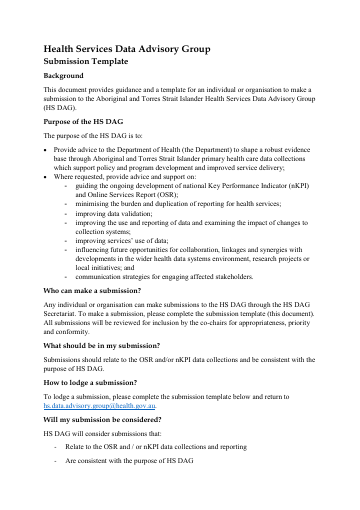 Cover of the Health Services Data Advisory Group Submission Template 