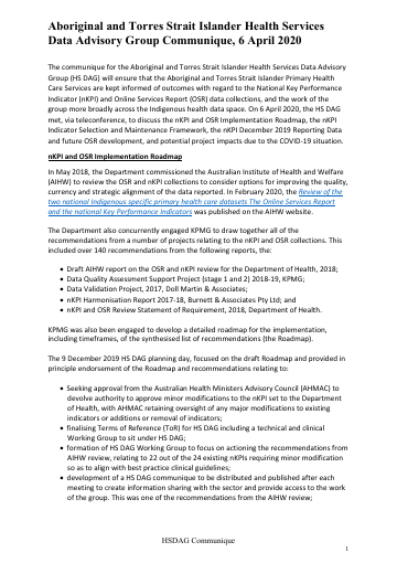 Cover of Aboriginal and Torres Strait Islander Health Services Data Advisory Group Communique (April 2020) 