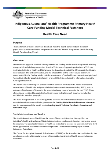 Cover of Indigenous Australians’ Health Programme primary health care funding model – health care need 