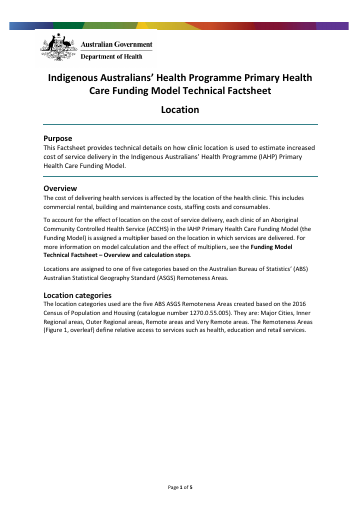 Cover of Indigenous Australians’ Health Programme primary health care funding model fact sheet  – location 