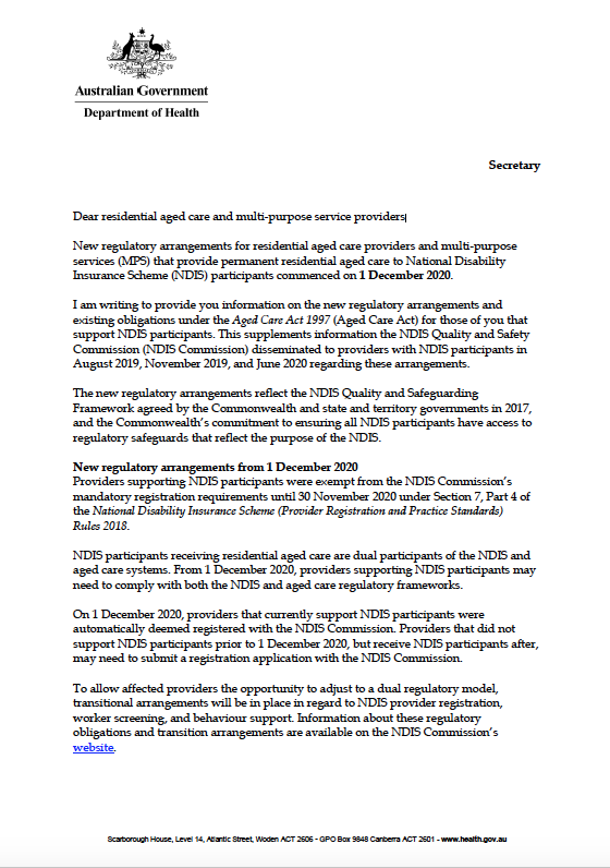 Cover image for Letter for residential aged care and multi-purpose service providers from the Secretary of the Department of Health