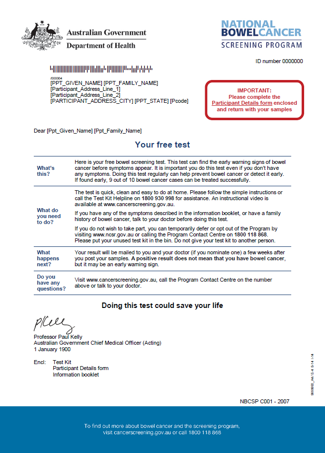 National Bowel Cancer Screening Program – invitation letter