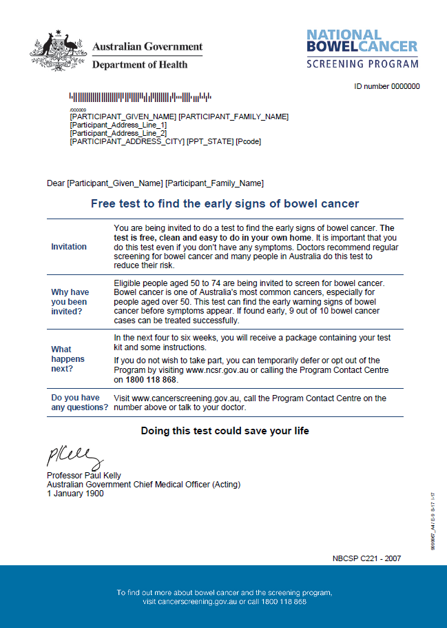 National Bowel Cancer Screening Program – pre-invite letter