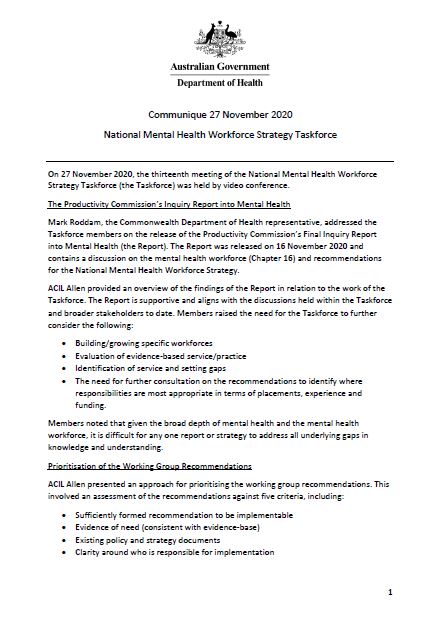 National Mental Health Workforce Strategy Taskforce - Communique 27 November 2020 