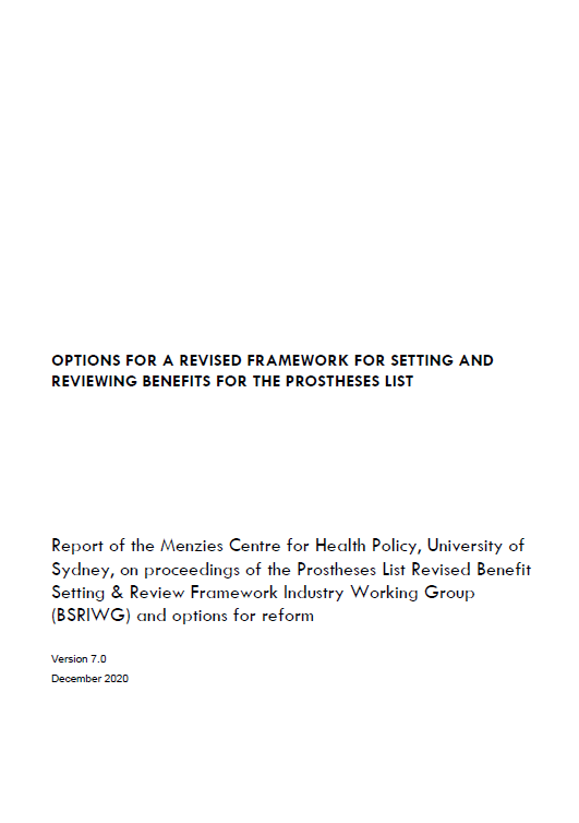 Cover image for Options for a revised framework for setting and reviewing benefits for the Prostheses List report