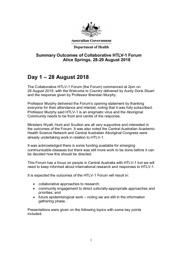 Cover image of HTLV-1 forum summary outcomes