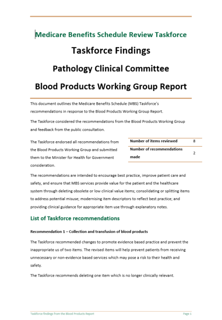 Cover image for the Taskforce findings for pathology clinical committee blood product working group report