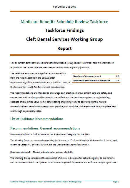 Cover image MBS review taskforce Cleft Dental Services Working Group report