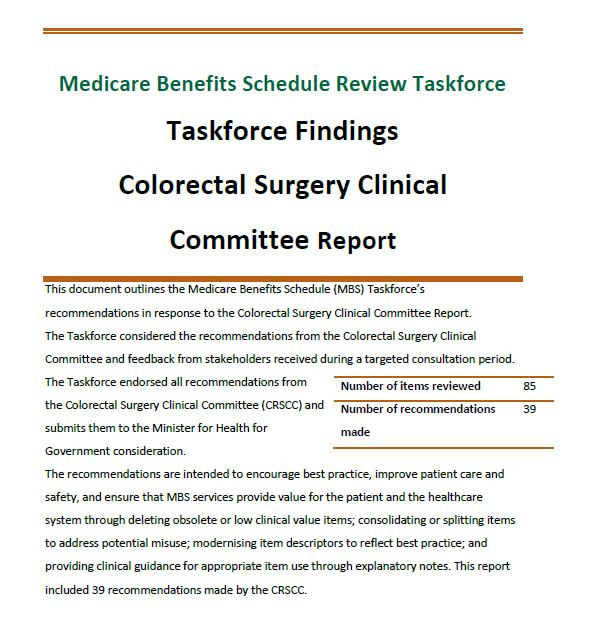 Taskforce Findings – Colorectal Surgery Clinical Committee Report cover