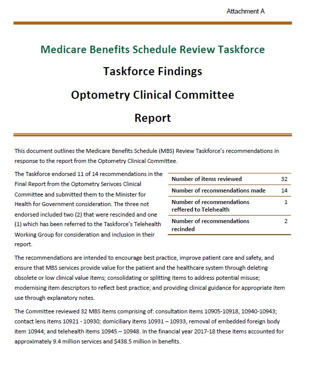 Taskforce Findings – Optometry Clinical Committee Report cover