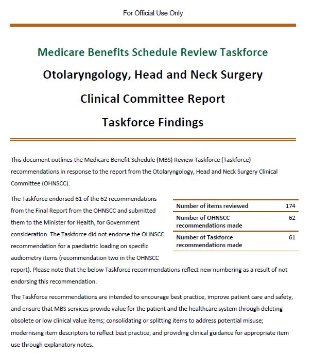 Taskforce Findings - Otolaryngology, Head and Neck Surgery Clinical Committee Report cover