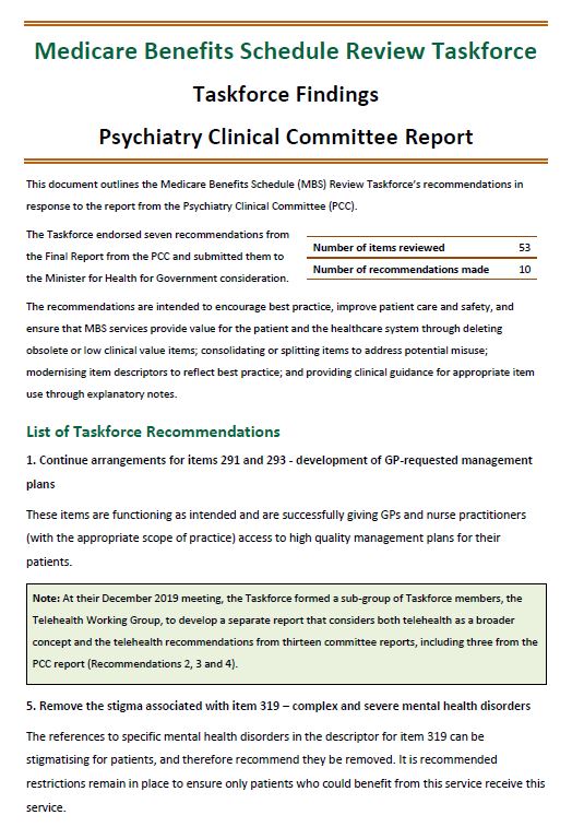 Taskforce Findings – Psychiatry Clinical Committee Report cover