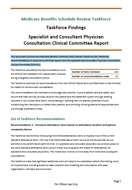 Cover image for the Taskforce Findings – Specialist and Consultant Physician Consultation Clinical Committee Report